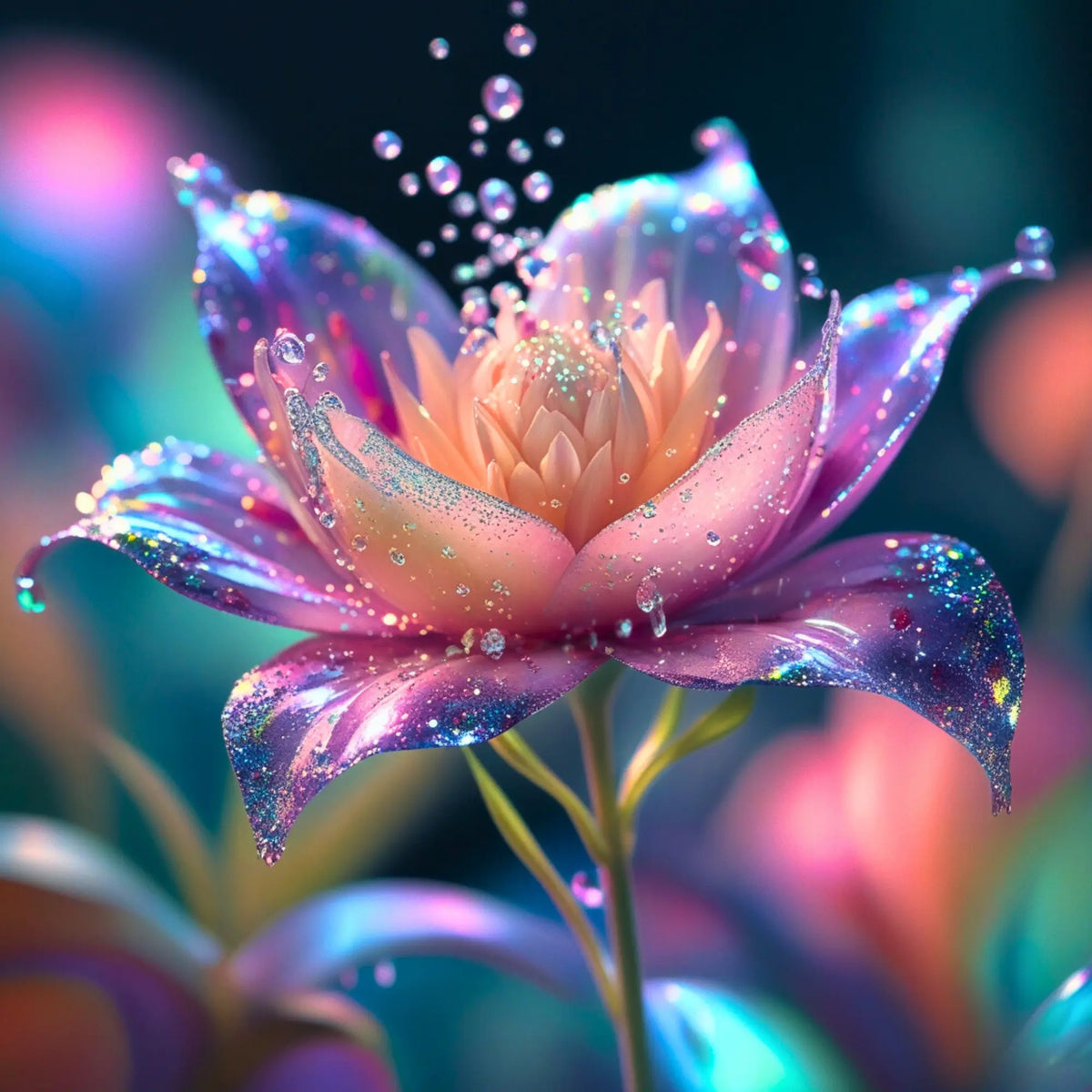 Diamond Painting Sternentau: Wunderschöne, glitzernde Blume in Rosa mit Wassertropfen als funkelndes DIY-Set für Erwachsene.