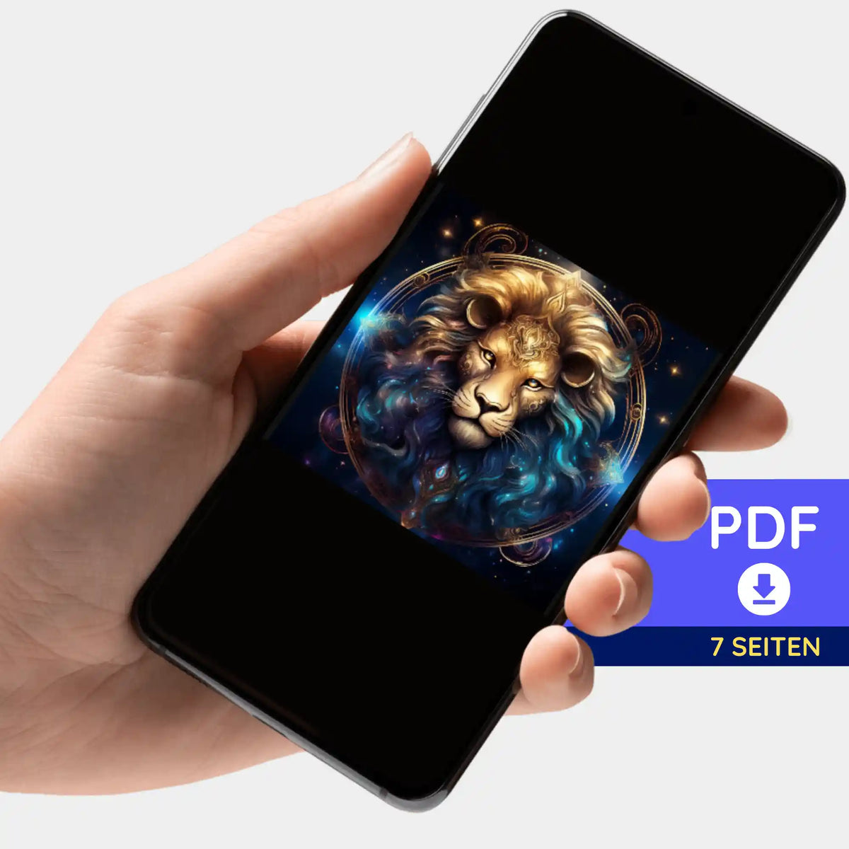 Smartphone mit digitaler PDF-Bildmappe für Diamond Painting Motiv Sternzeichen Löwe als Limited Edition