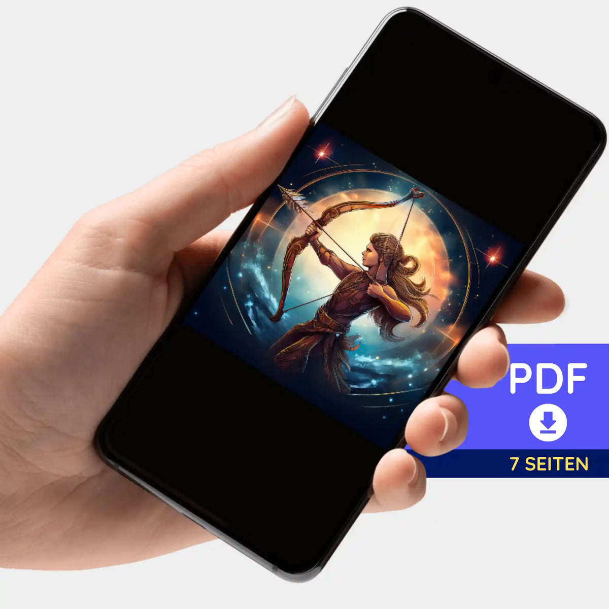 Digitale PDF-Bildmappe Schütze Sternzeichen für Diamond Painting Design auf einem Smartphone präsentiert