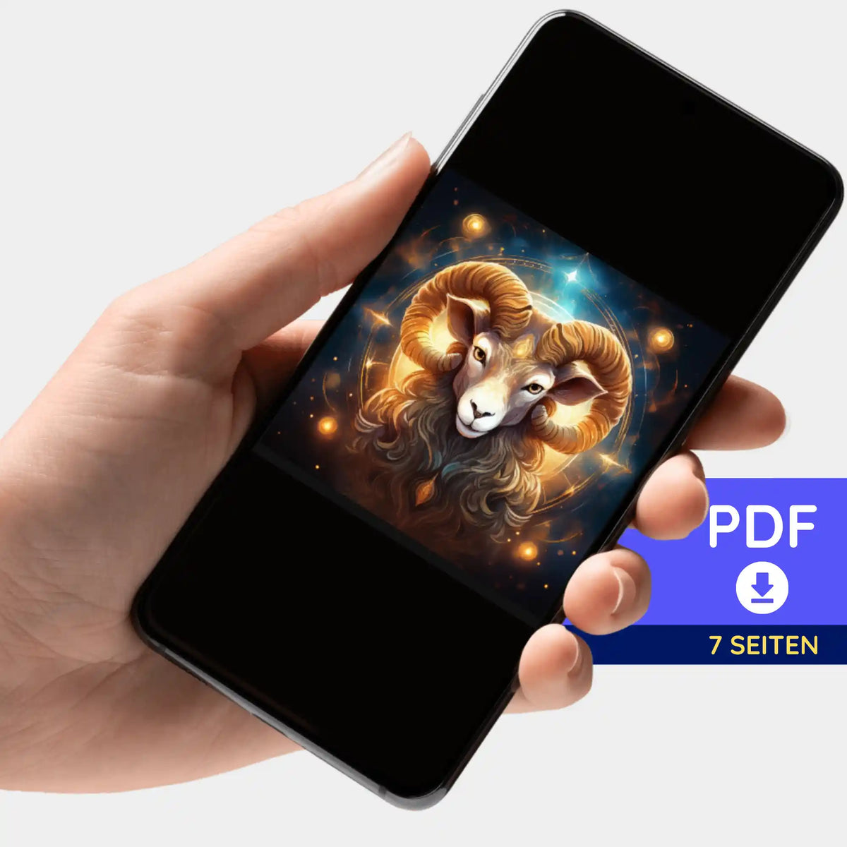 Digitale PDF-Bildmappe zum Diamond Painting Motiv Sternzeichen Widder auf Smartphone-Display