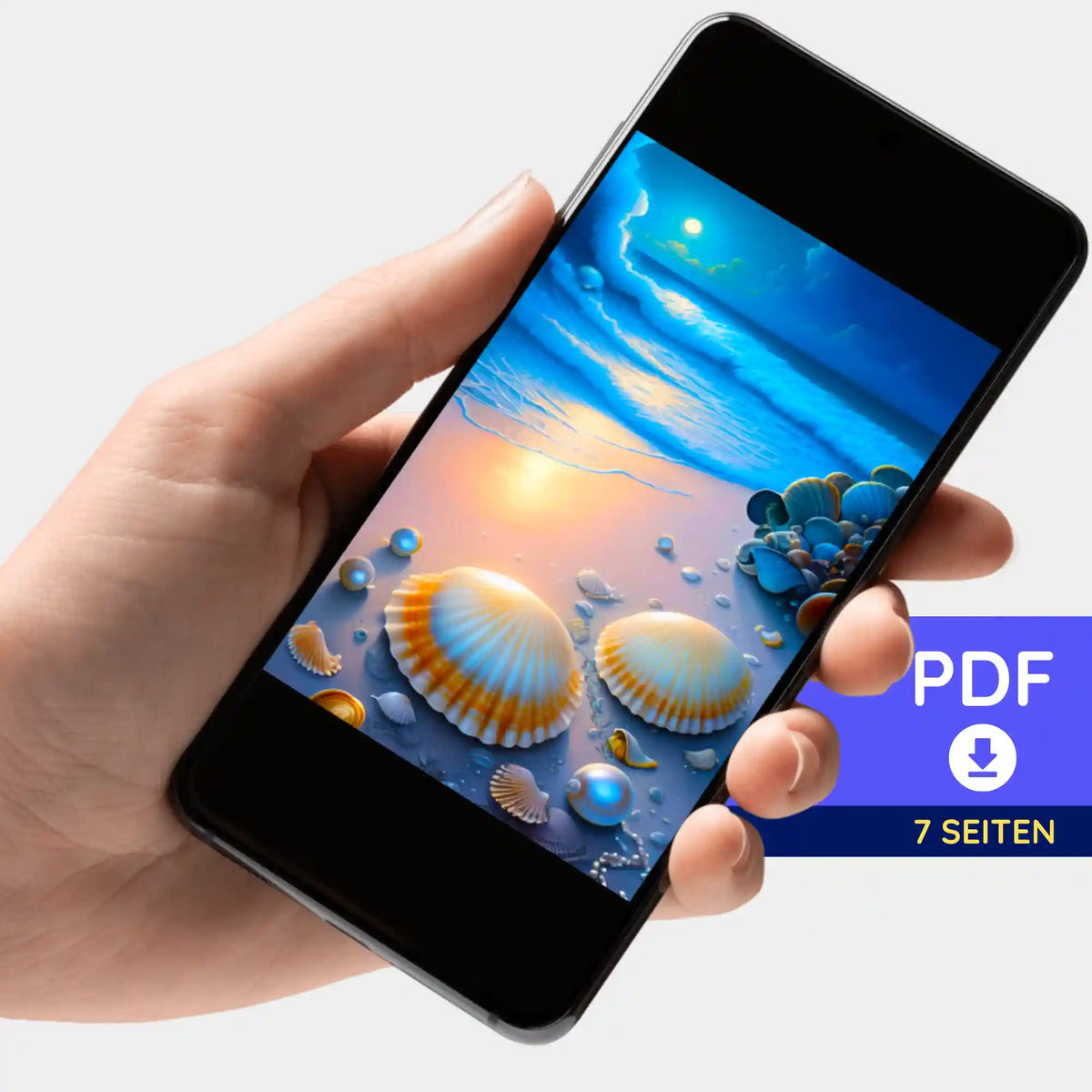 Digitale PDF-Bildmappe zum Diamond Painting Motiv Strand bei Nacht auf einem Smartphone mit 7 Seiten Download-Möglichkeit