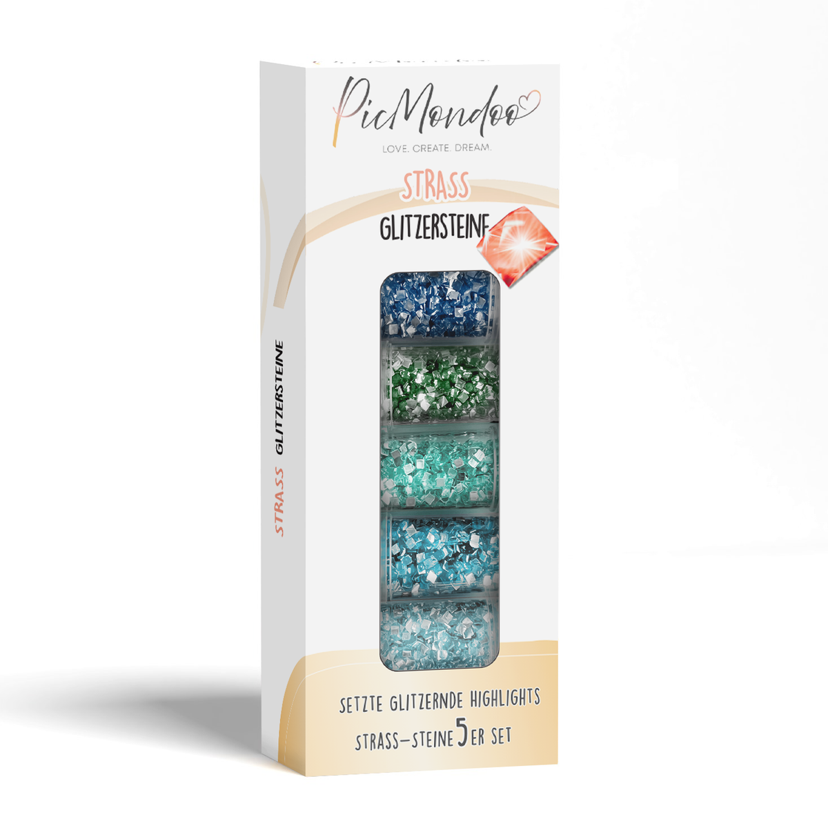 Picmondoo Diamond Painting Strass-Special 5er Set mit eckigen, blau-grünen Glitzersteinen für funkelnde Highlights