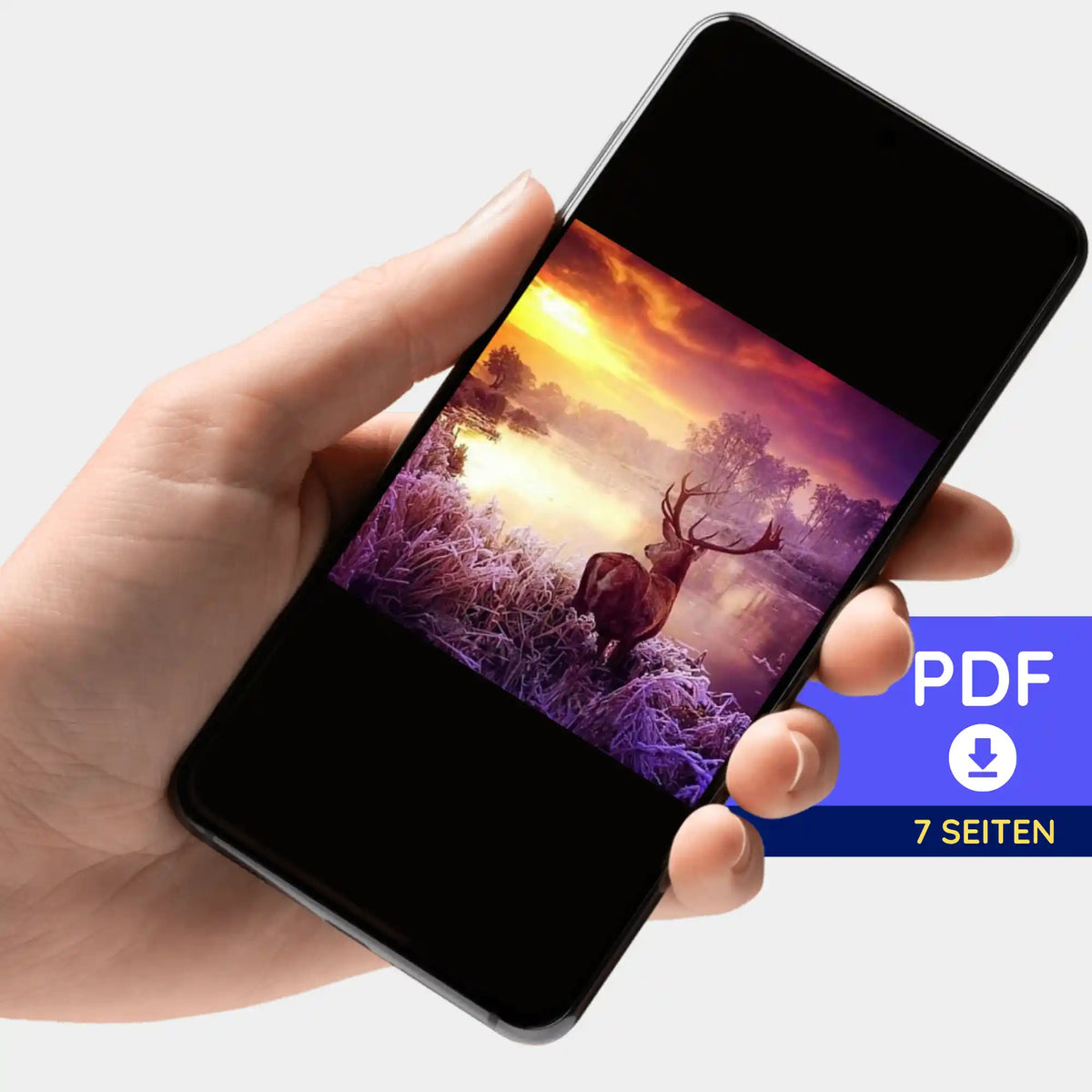 Digitale PDF-Bildmappe für Diamond Painting oder Malen nach Zahlen mit Hirsch-Motiv im Sonnenaufgang