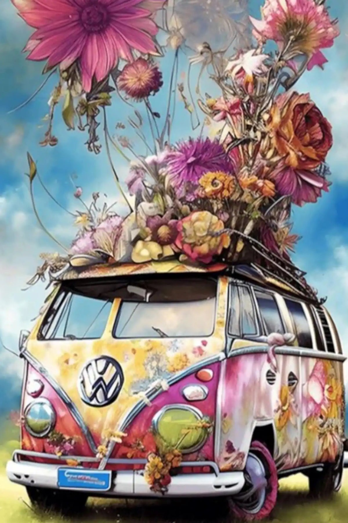 Diamond Painting Set Flower Power VW Bulli mit bunten Blumen, farbenfroher Camping-Bus als Motiv für kreatives Basteln