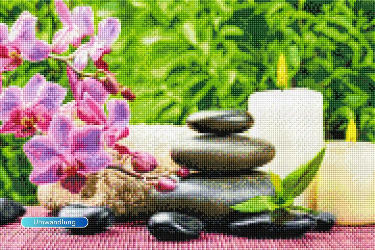 Diamond Painting Set Oase der Entspannung mit Orchidee, Zen-Steinen und Kerzen für kreative Stunden