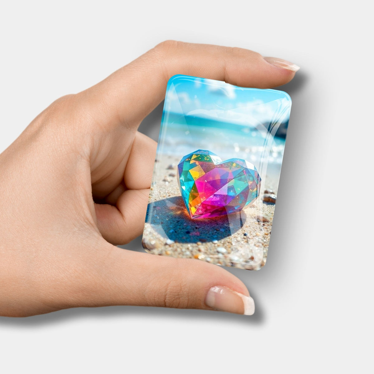 Hand hält gläsernen Crystal Heart Cover Minder für Diamond Painting mit buntem Herz-Motiv am Strand