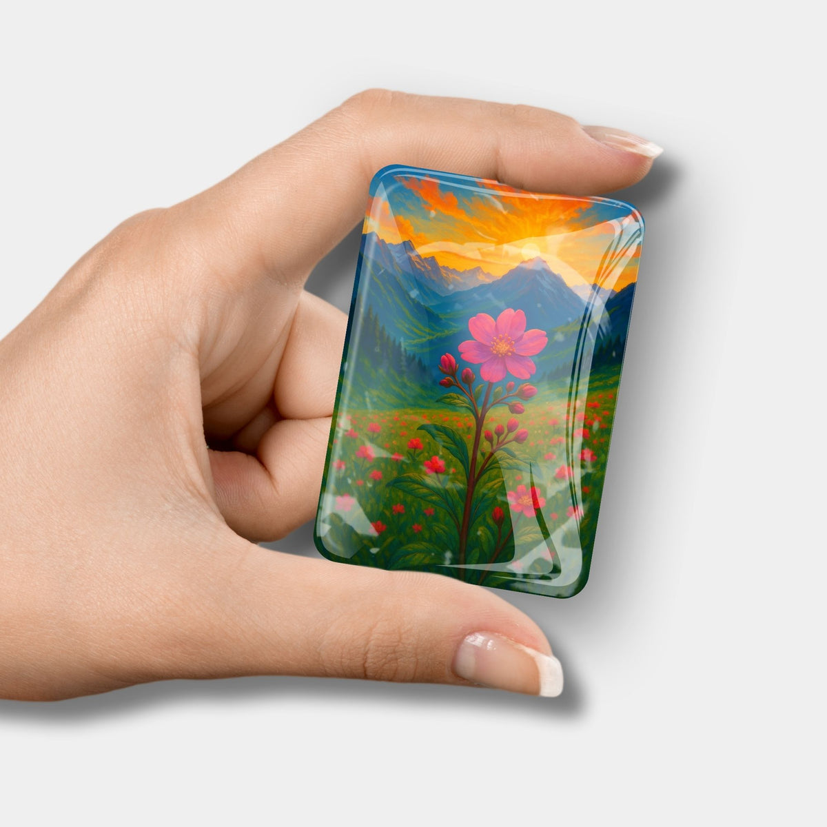 Glas Cover Minder für Diamond Painting mit Gebirgsblumen Motiv, praktisches Zubehör für Ihr Diamanten Painting Projekt.