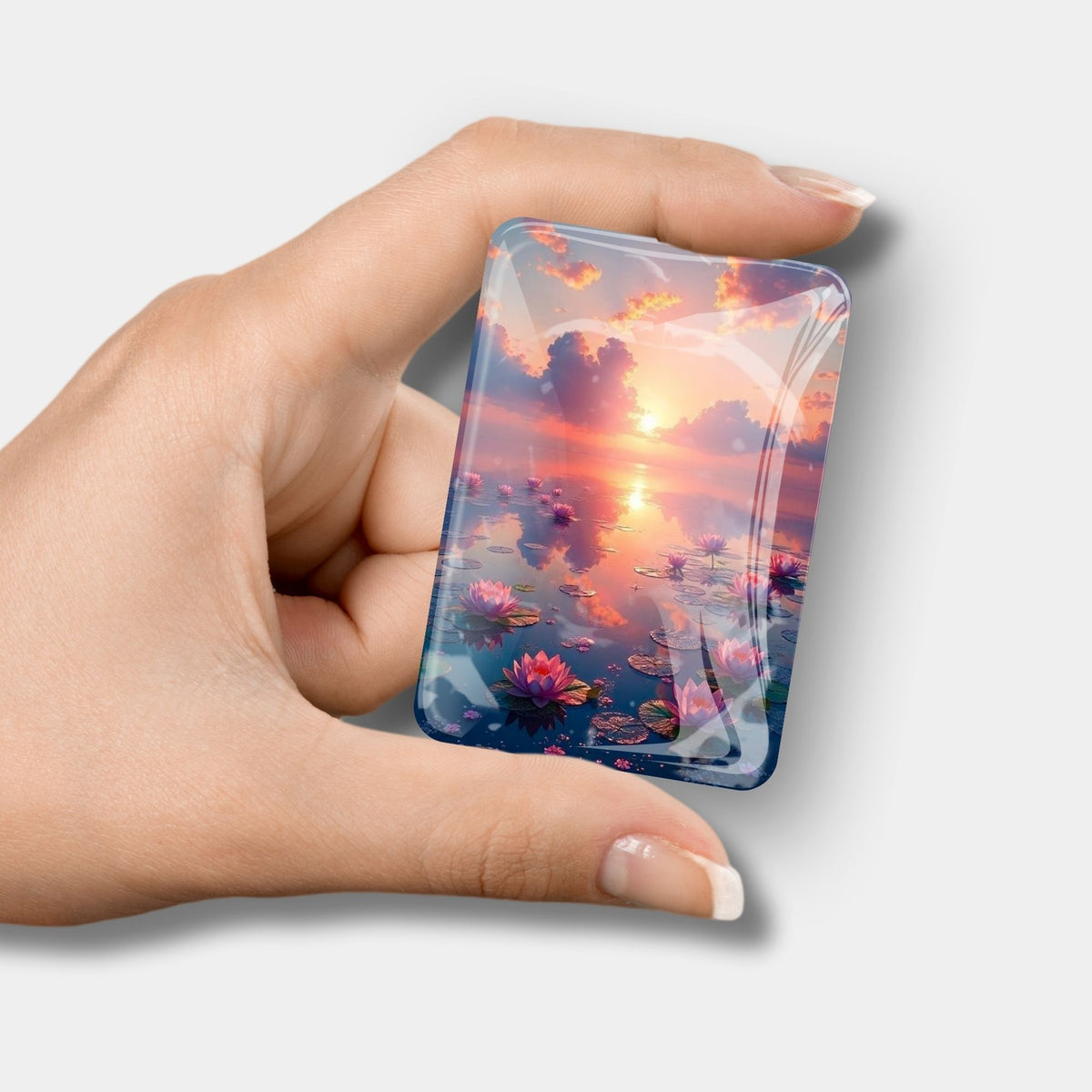 Hand hält gläsernen Diamond Painting Cover Minder mit Abenddämmerung und Seerosen-Motiv als Zubehör für DIY-Bastelsets