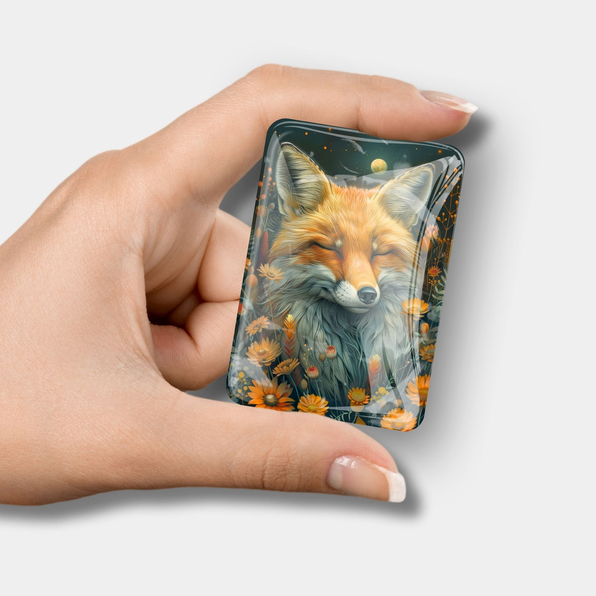 Fuchs Cover Minder für Diamond Painting mit Fuchsmotiv in Blumenwiese als magnetisches Zubehör für Bastelsets.