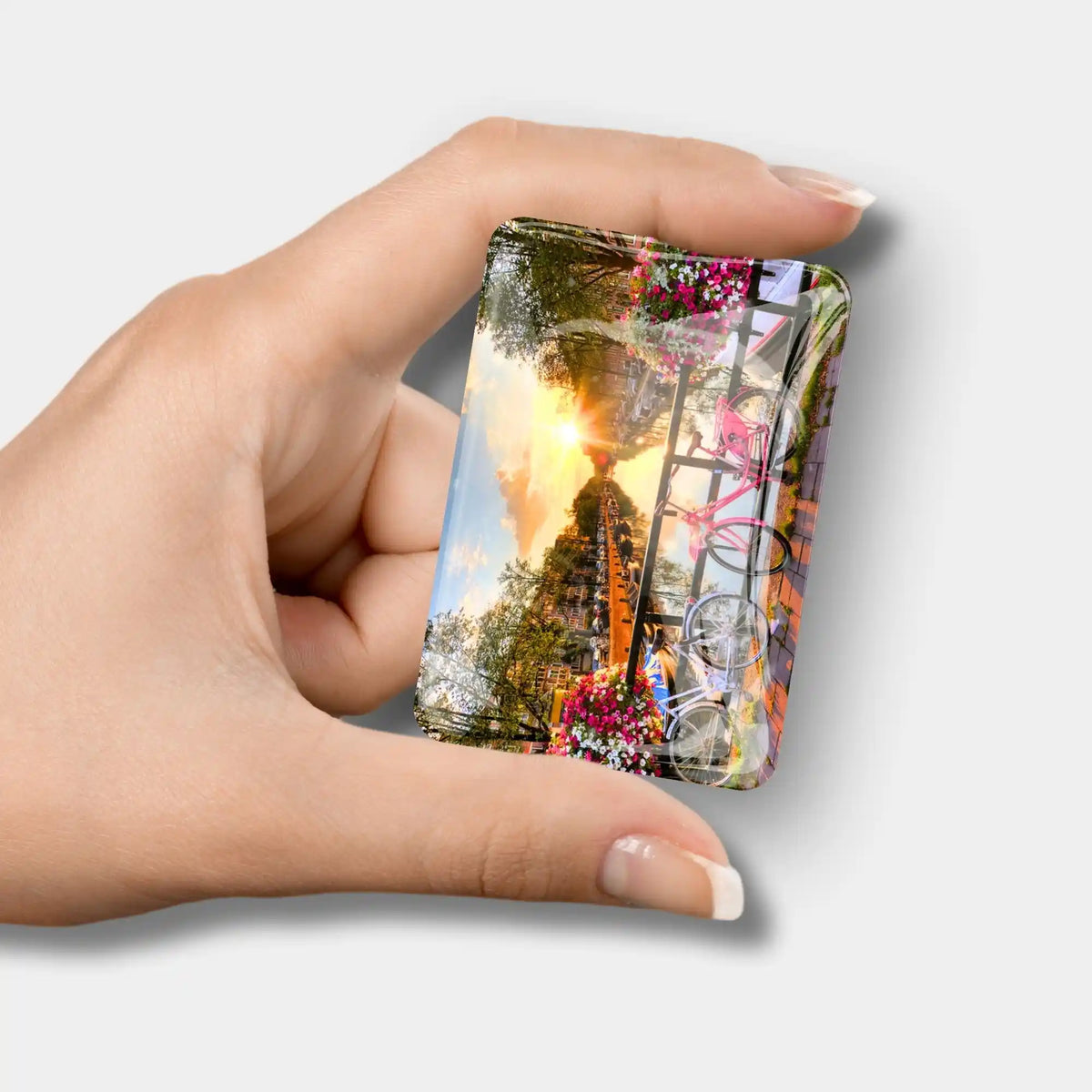 Glas Cover Minder für Diamond Painting mit Motiv Sonnenuntergang in Amsterdam und Fahrrädern am Kanal