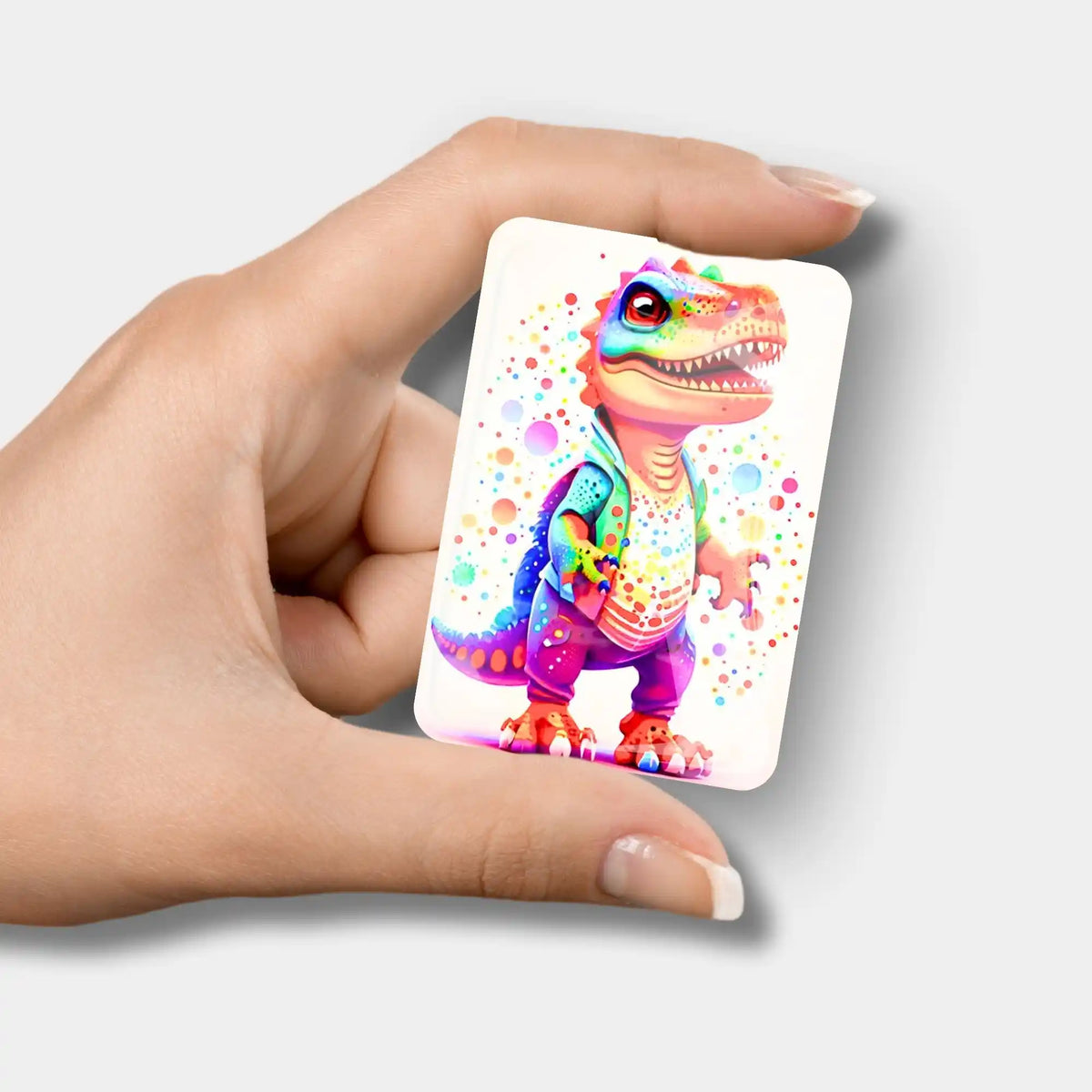 Kunterbunter Dinosaurier Glas-Coverminder für Diamond Painting Zubehör in der Hand gehalten