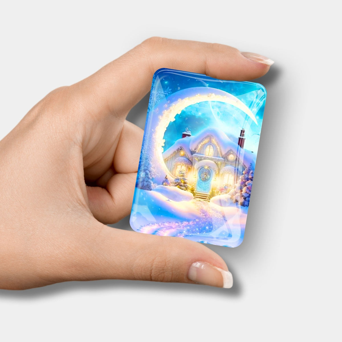 Glas Cover Minder mit Motiv Mond und verschneitem Haus für Diamond Painting Zubehör