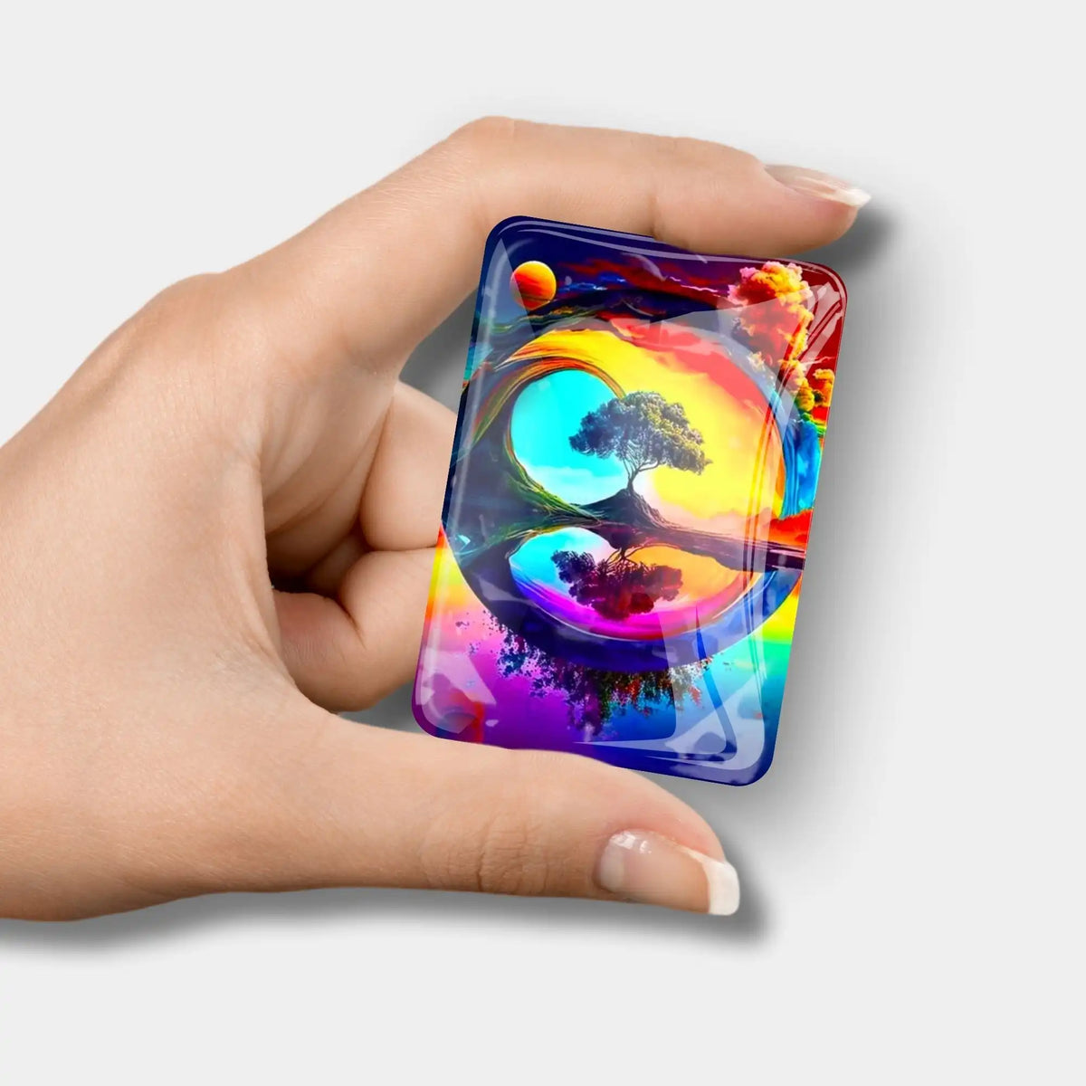 Magischer Glas Coverminder für Diamond Painting mit buntem Fantasy-Baum Motiv in einer Hand gehalten