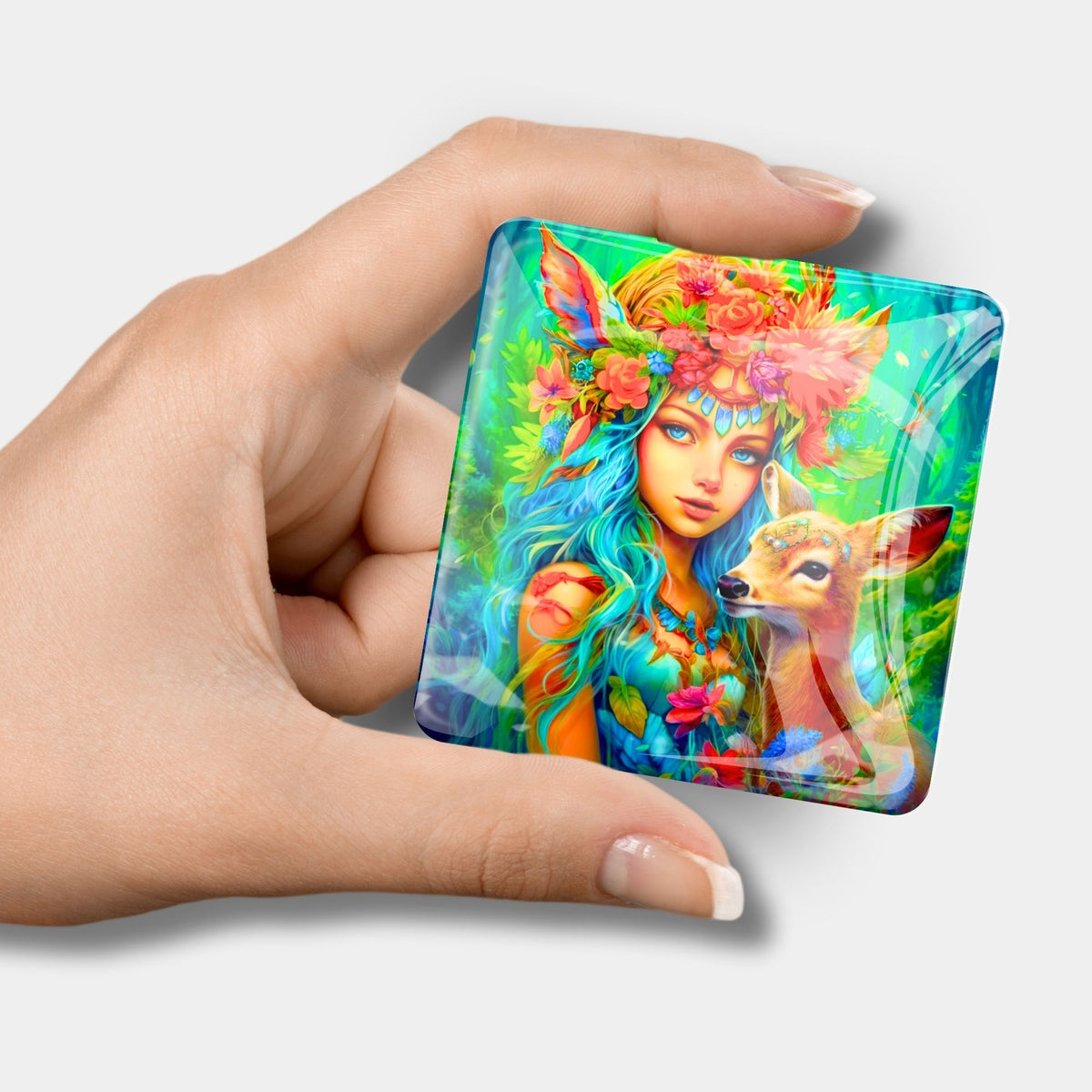 Quadratischer Waldmädchen Cover Minder aus Glas zur Fixierung der Folie bei Diamond Painting Sets