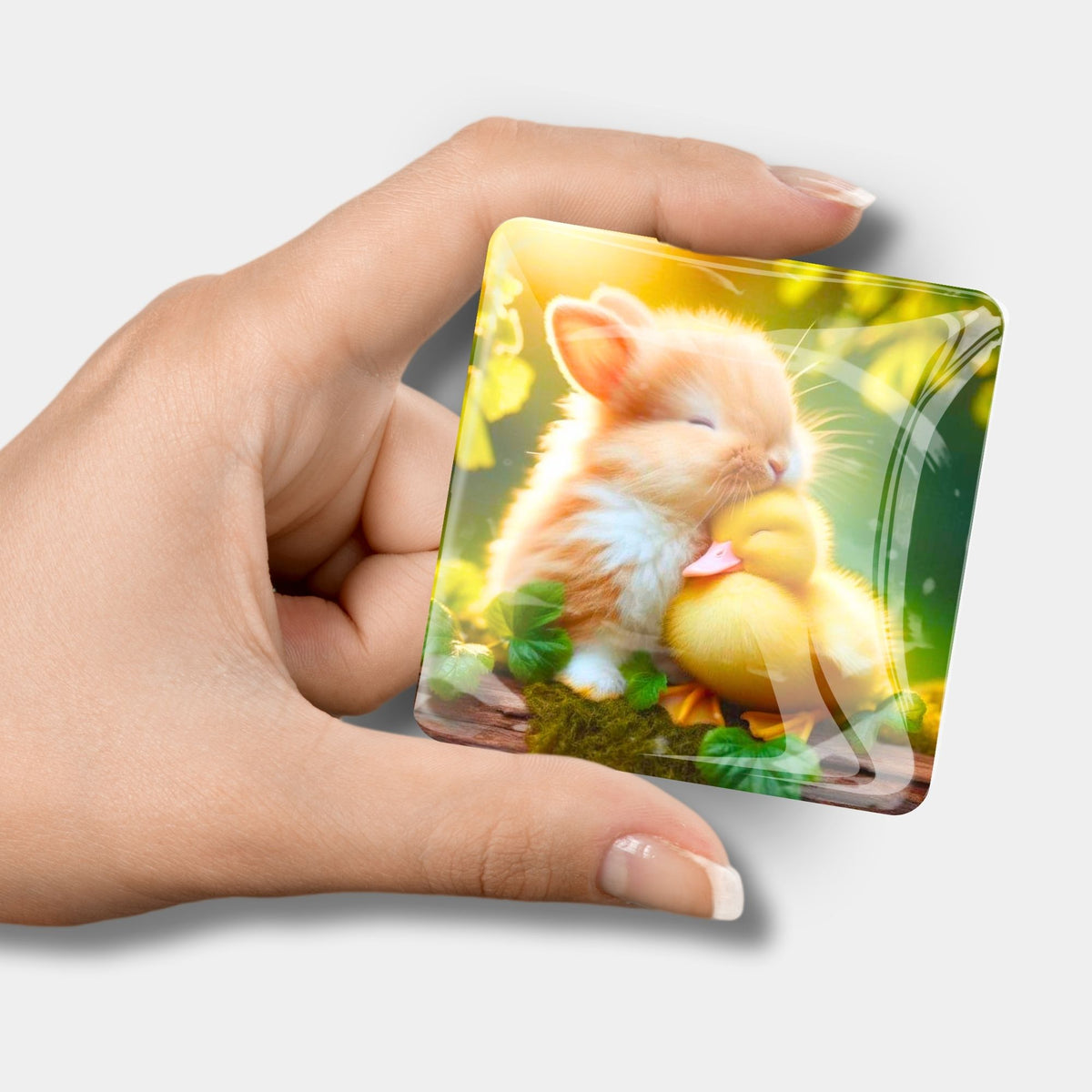 Quadratischer Diamond Painting Cover Minder Friendship mit Häschen und Küken Motiv in einer Hand gehalten
