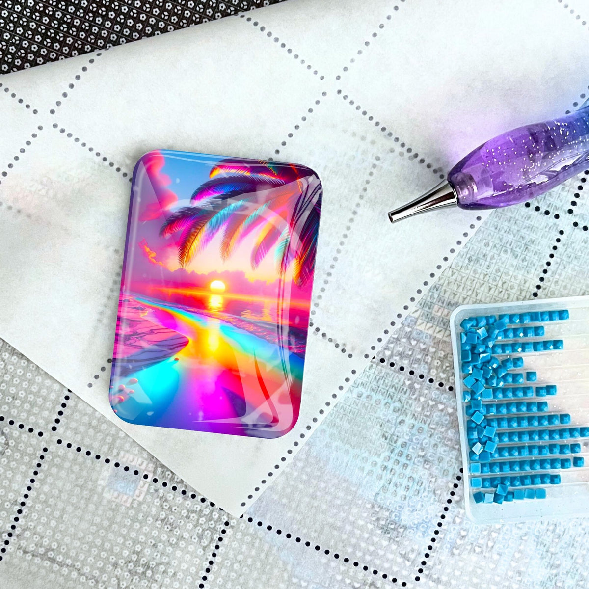 Magnetischer Coverminder Zauberstrand für Diamond Painting mit buntem Palmen-Sonnenuntergang Motiv auf Leinwand