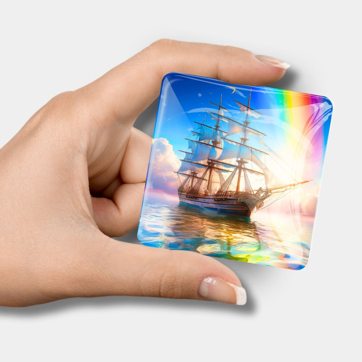 Quadratischer Diamond Painting Cover Minder mit Segelschiff-Motiv und Regenbogen in der Hand gehalten