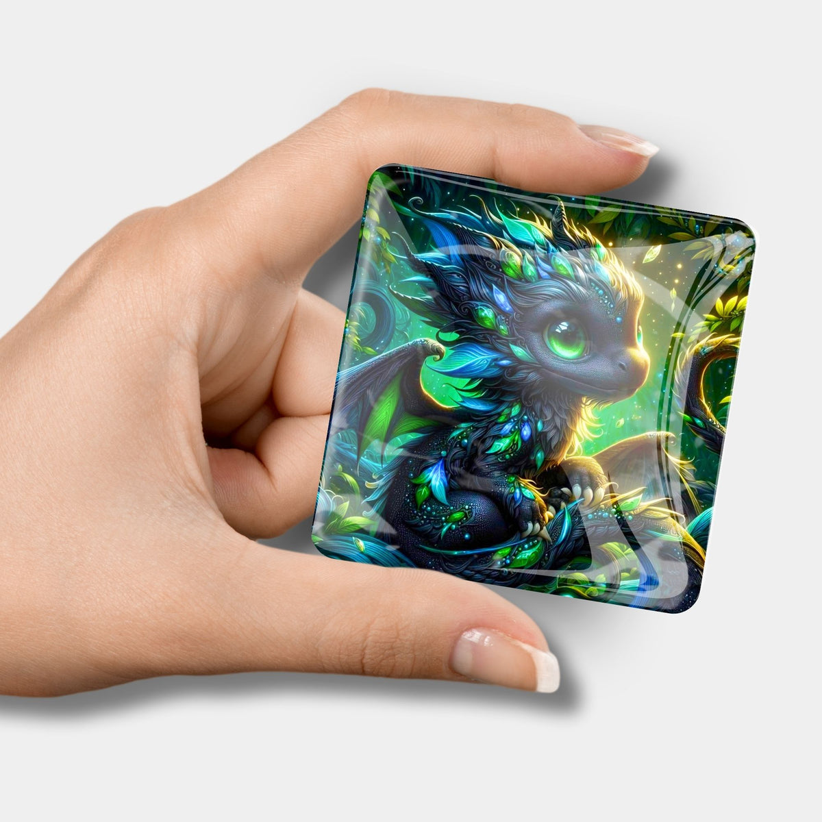 Quadratischer Drachen-Coverminder aus Glas als praktisches Zubehör für Diamond Painting Sets und Handarbeit