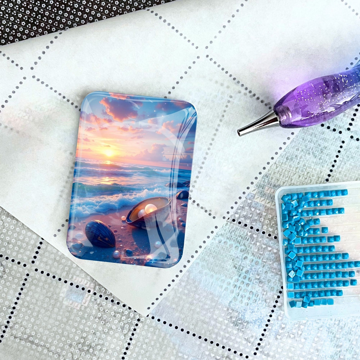 Strandliebe Cover Minder auf Diamond Painting Leinwand mit Stift und blauen Steinchen
