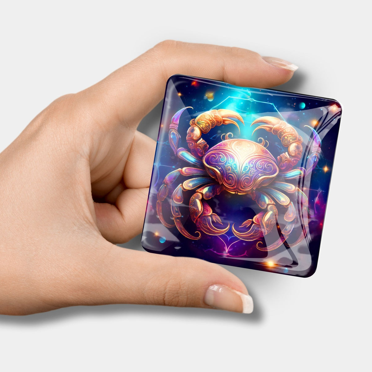 Quadratischer Sternzeichen Krebs Cover Minder aus Glas für Diamond Painting Zubehör mit farbenfrohem Galaxie-Motiv