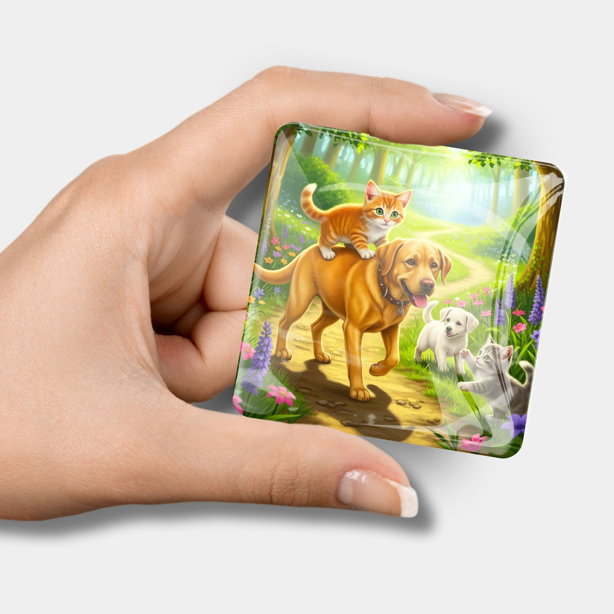 Quadratischer Cover Minder aus Glas mit Waldspaziergang-Motiv für Diamond Painting Zubehör