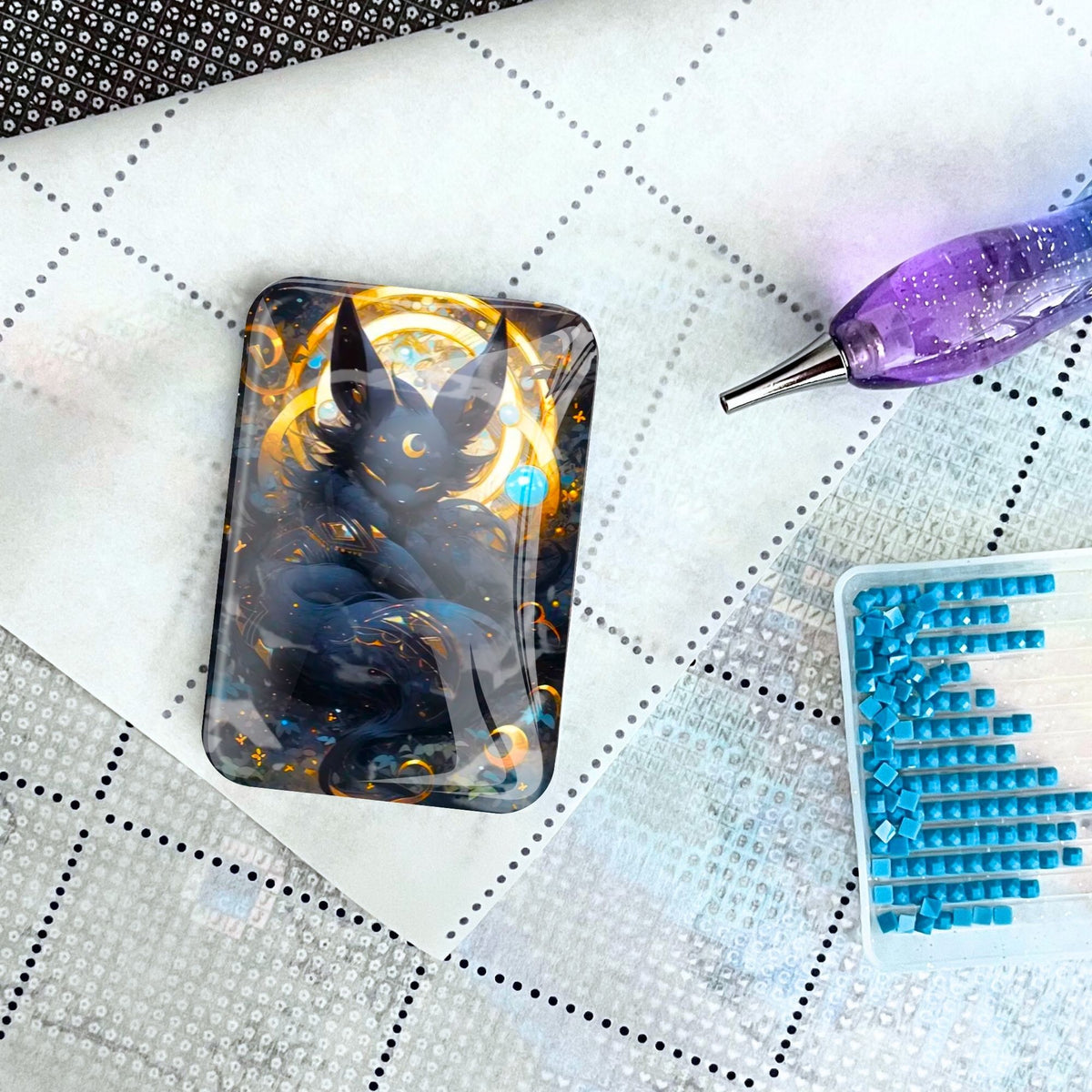 Glas Cover Minder Motiv Mystisches Nachtwesen für Diamond Painting Zubehör mit Stift und Glitzersteinen