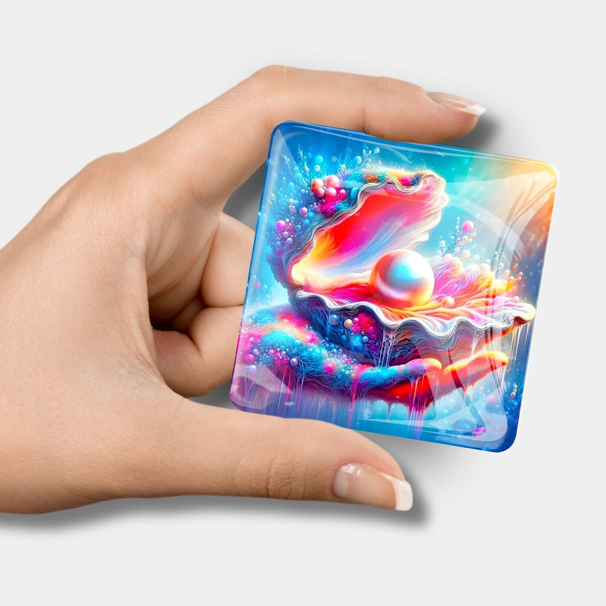 Bunter Diamond Painting Cover Minder Motiv Zauber des Meeres mit glänzender Perle in einer Muschel in Hand gehalten