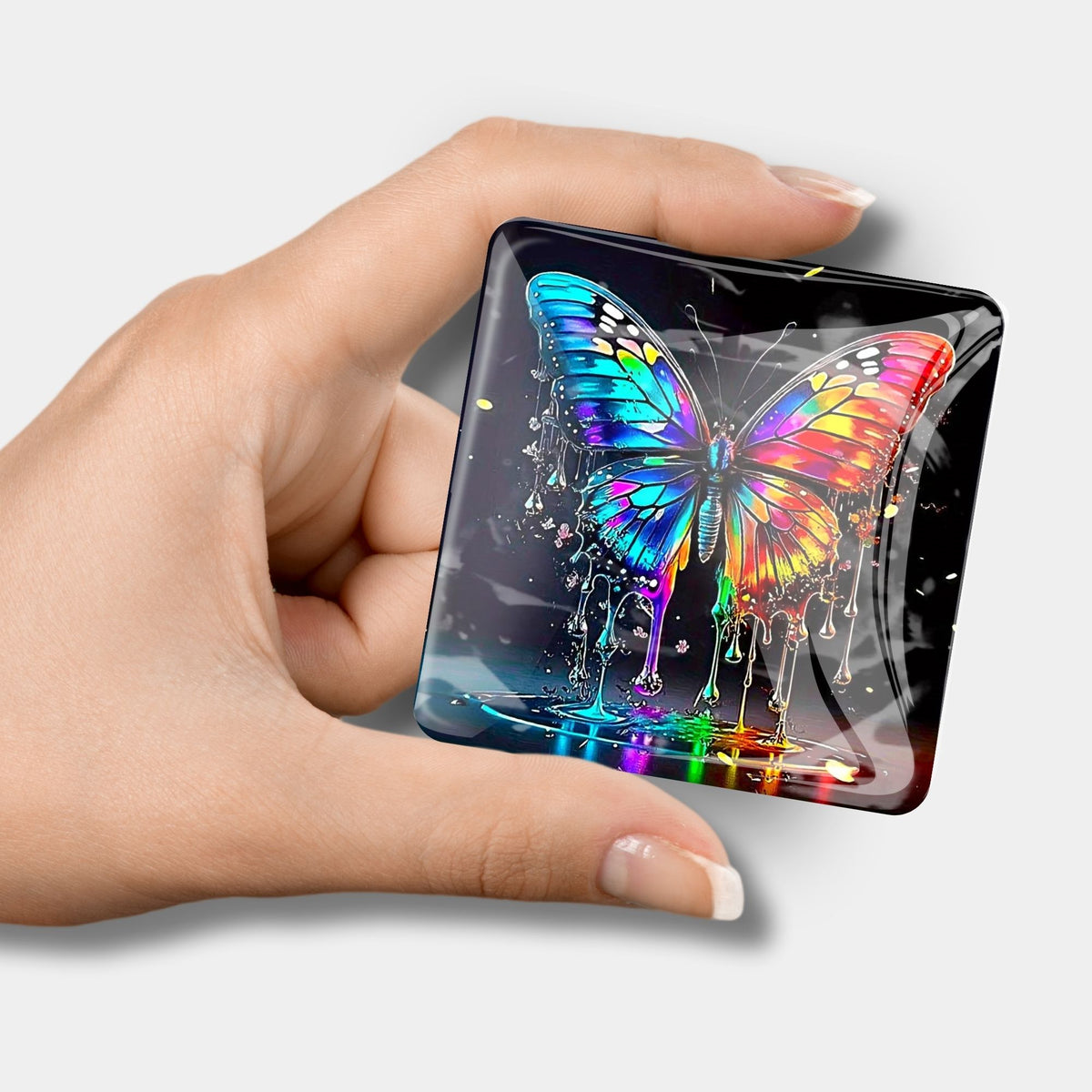 Bunter Schmetterling Cover Minder aus Glas als praktisches Zubehör für Diamond Painting und Bastelsets