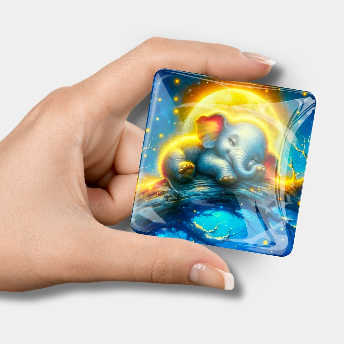 Diamond Painting Cover Minder mit schlafendem Elefanten Motiv vor Vollmond für magnetischen Halt auf der Leinwand