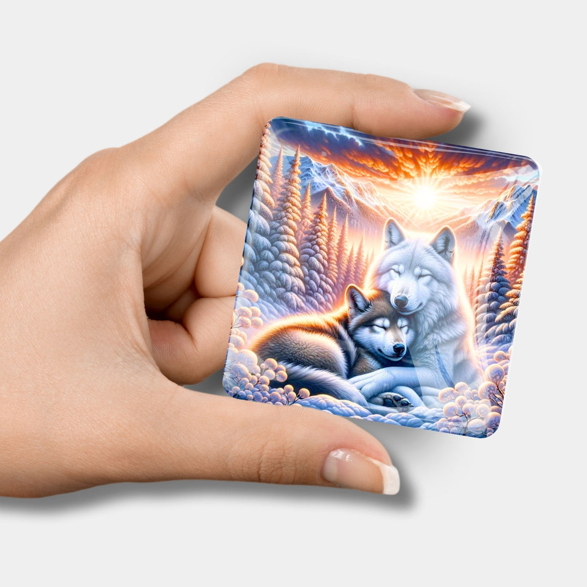 Quadratischer Cover Minder für Diamond Painting mit Wolfsmotiv im Sonnenaufgang, gehalten in einer Hand