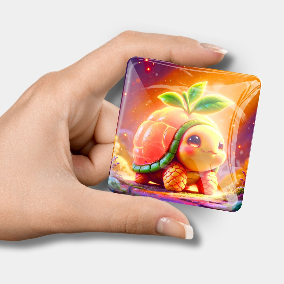 Quadratischer Diamond Painting Cover Minder aus Glas mit süßem Früchte-Schildkröten-Motiv für kreative DIY-Bastelsets