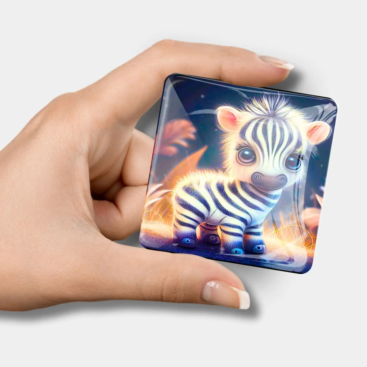 Quadratischer Diamond Painting Cover Minder mit süßem Zebrababy-Motiv und glänzender Glasoberfläche in der Hand
