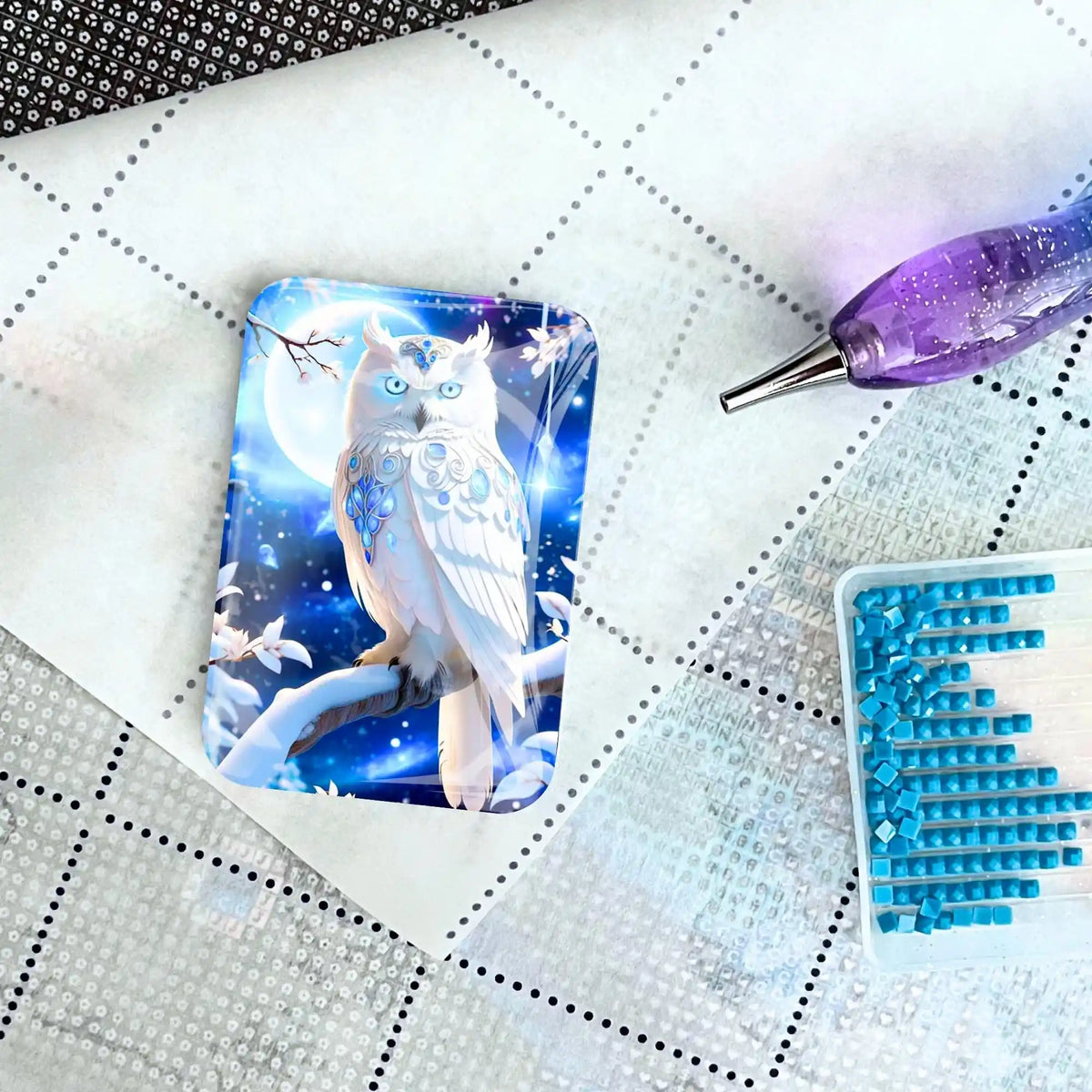 Magischer Eulen Cover Minder aus Glas als Zubehör für Diamond Painting auf einer Leinwand mit Stift und Steinchen