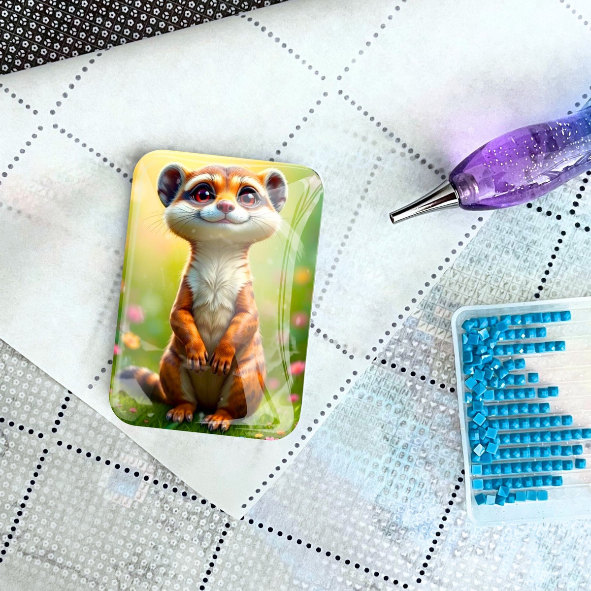 Glas Cover Minder Eddi süßes Erdmännchen Motiv für Diamond Painting Zubehör mit Stift und blauen Steinchen
