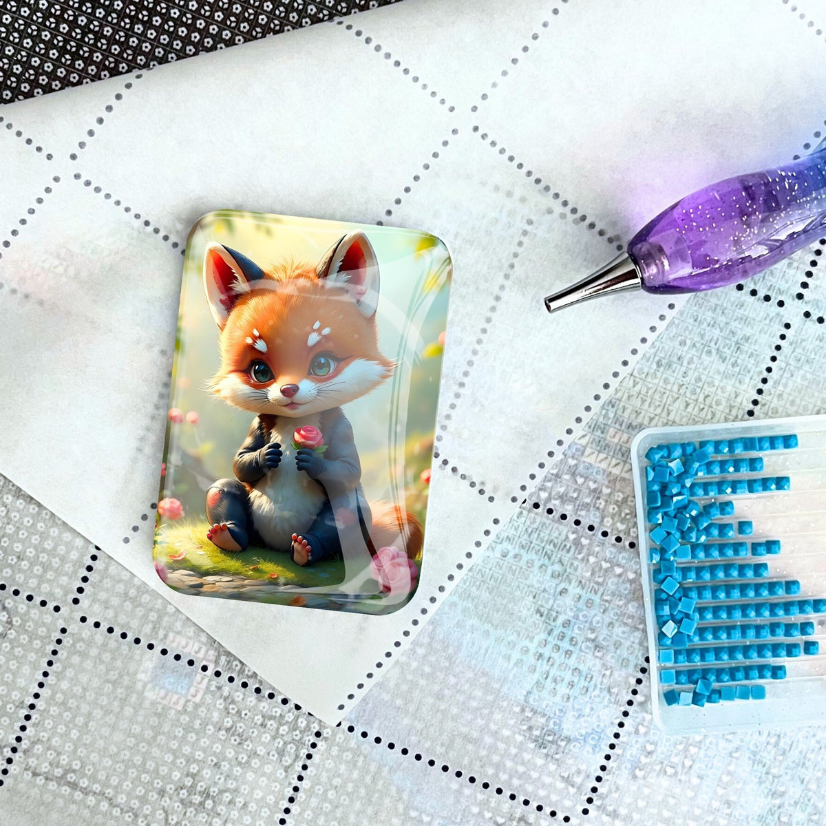 Fuchs Kasper Cover Minder Glas-Magnet für Diamond Painting auf einer Leinwand mit Stift und Diamanten