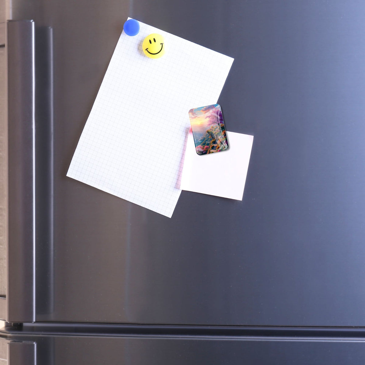 Glas Cover Minder Morgendämmerung als magnetischer Helfer für Diamond Painting Projekte an einem Kühlschrank.