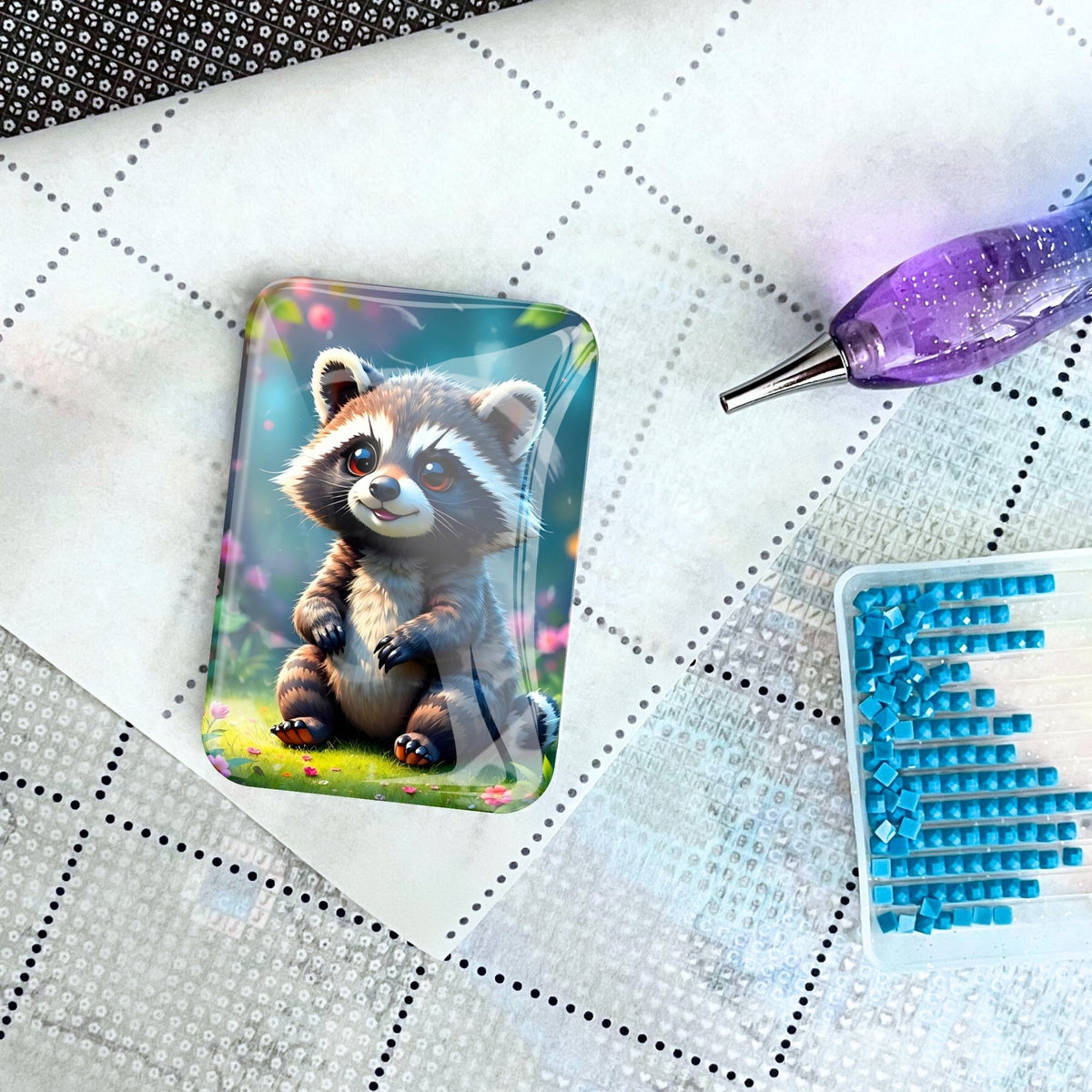 Waschbär Cover Minder für Diamond Painting auf Leinwand mit Glitzersteinchen und Diamond Painting Stift