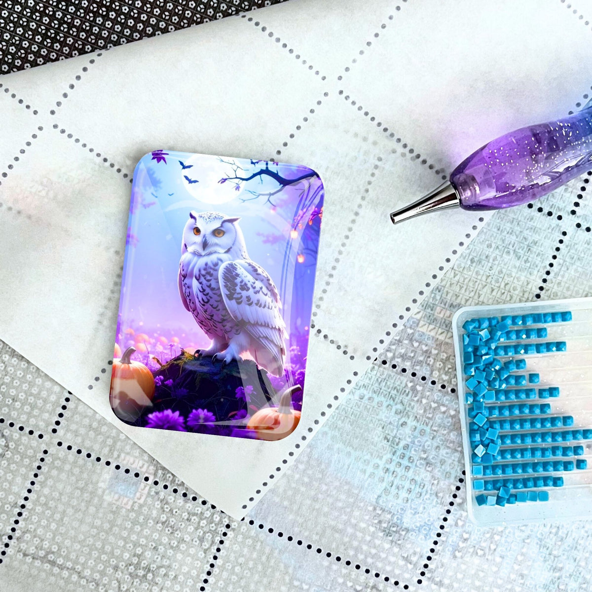 Glas Cover Minder mit Eulen-Motiv für Diamond Painting auf einer Leinwand mit Applikator und Steinchen.