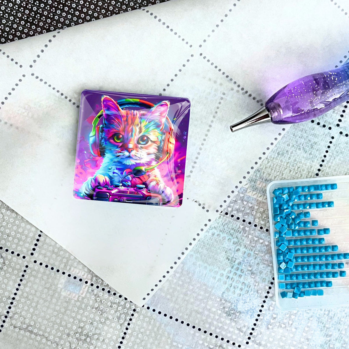Bunter Gaming-Katzen Cover Minder aus Glas zur Fixierung der Folie bei Diamond Painting Sets mit Stift und Steinchen
