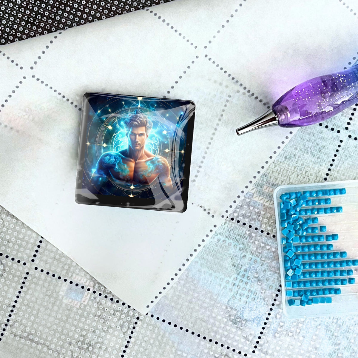 Magischer Sternzeichen Wassermann Cover Minder für Diamond Painting auf einer Leinwand mit Stift und blauen Steinen