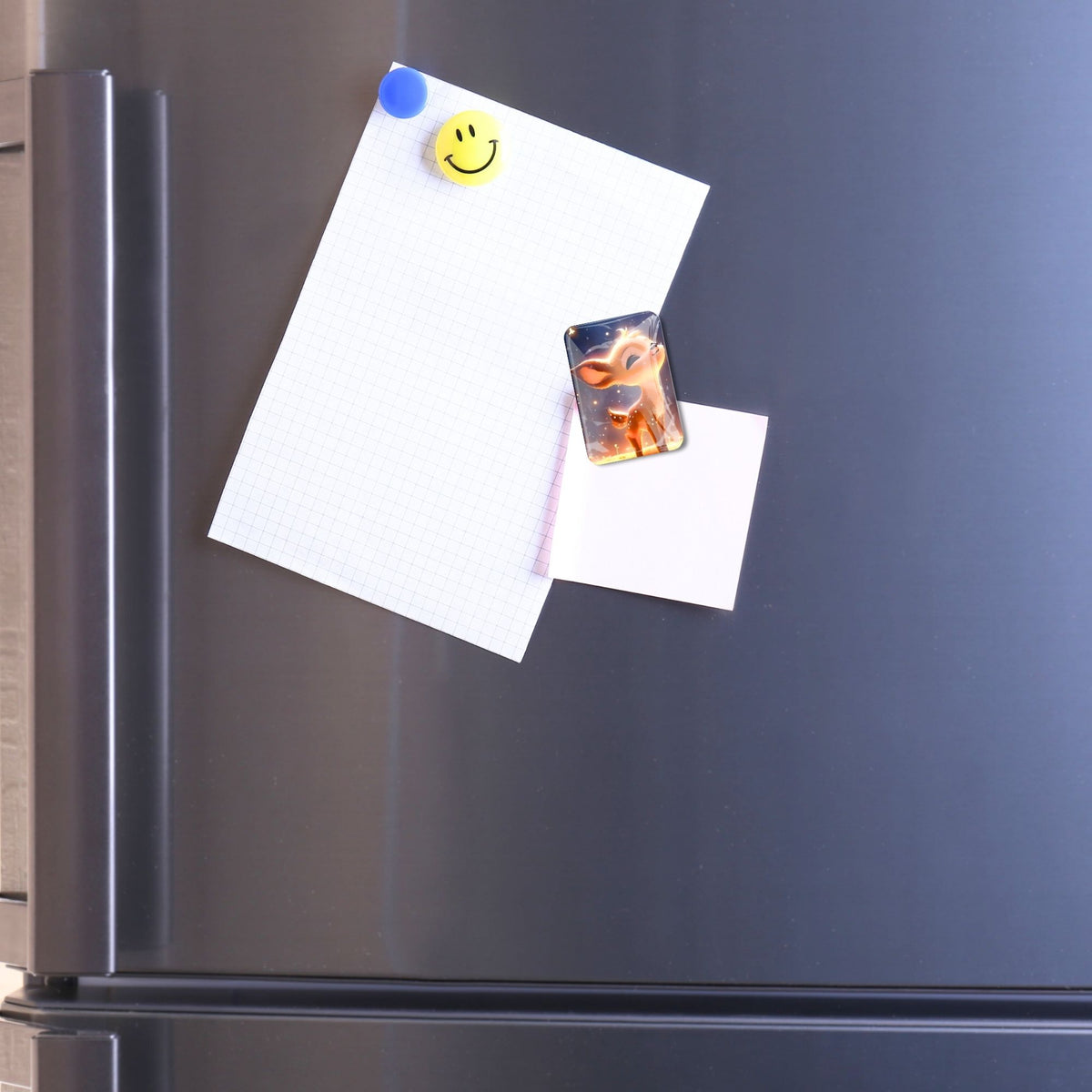 Dekorativer Diamond Painting Cover Minder Babsi Sternenstaub mit Hirsch-Motiv in Verwendung als starker Magnet am Kühlschrank
