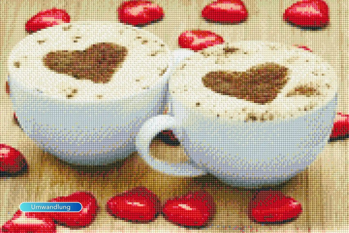 Diamond Painting mit Kaffeetassen und Herz-Motiven auf Leinwand, perfekt für Küche und Esszimmer.