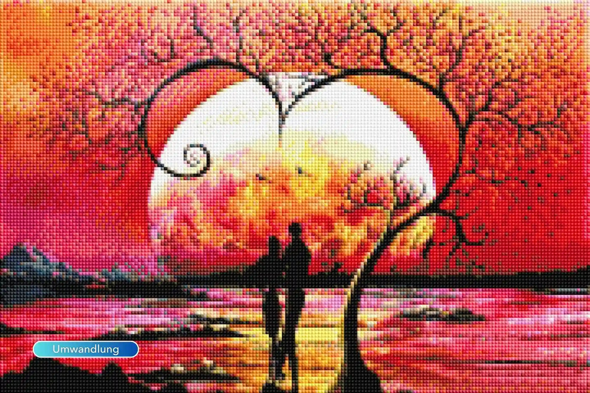 Diamond Painting Set Baum der Liebe mit Liebespaar vor einem farbenfrohen Sonnenuntergang am See, 5D Glitzersteine