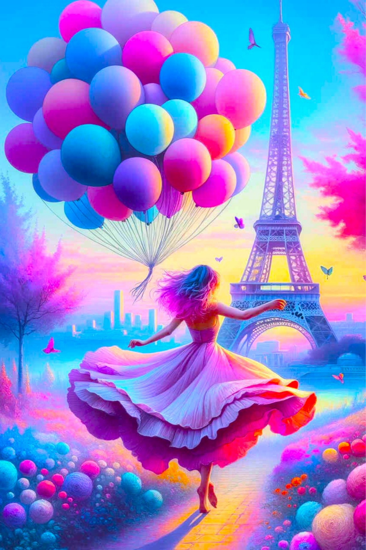 Diamond Painting Set Verträumtes Paris mit Frau in rosa Kleid, Eiffelturm und bunten Luftballons im Fantasy-Stil