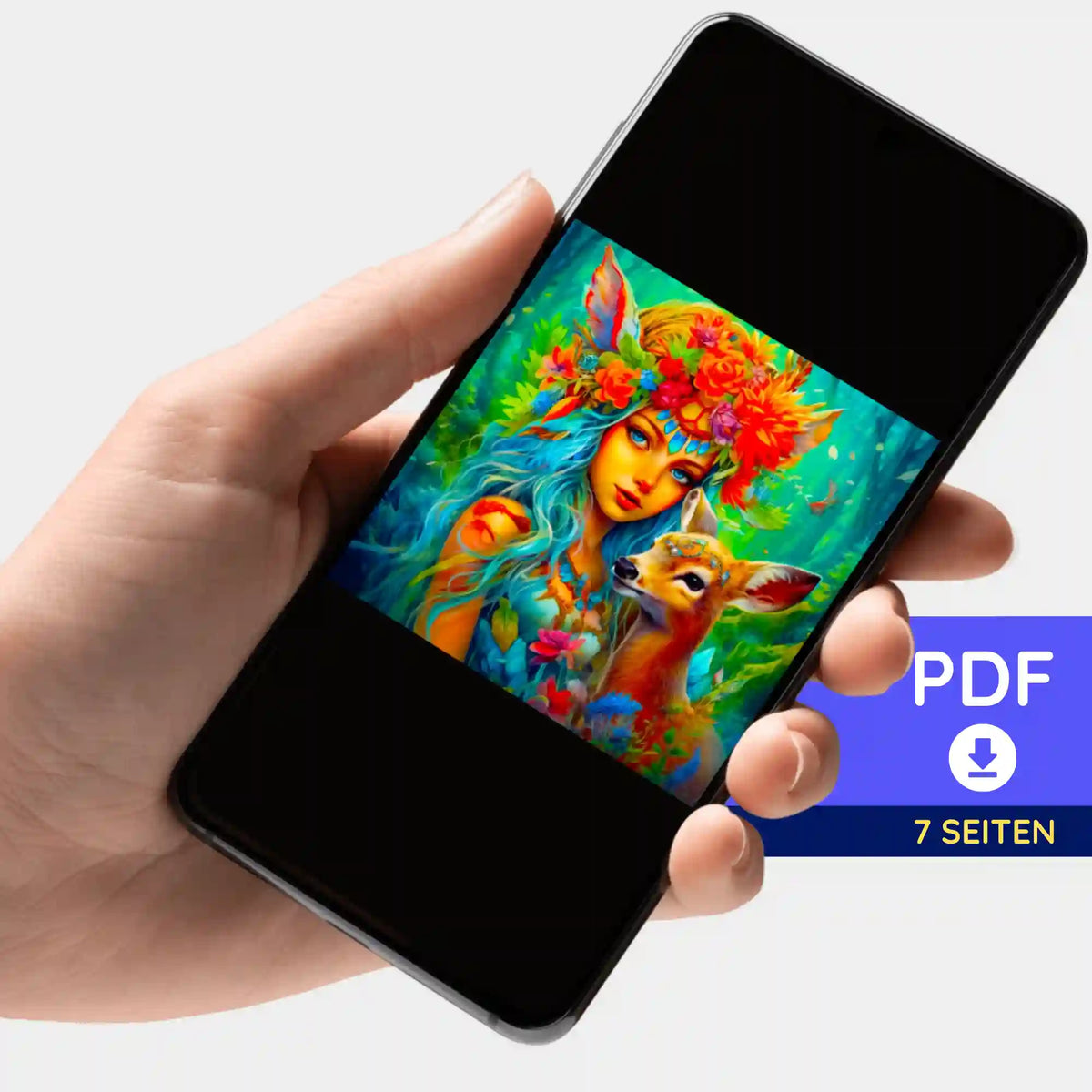 Digitale PDF-Bildmappe mit Waldmädchen-Motiv für Diamond Painting Set und Malen nach Zahlen auf Smartphone-Display