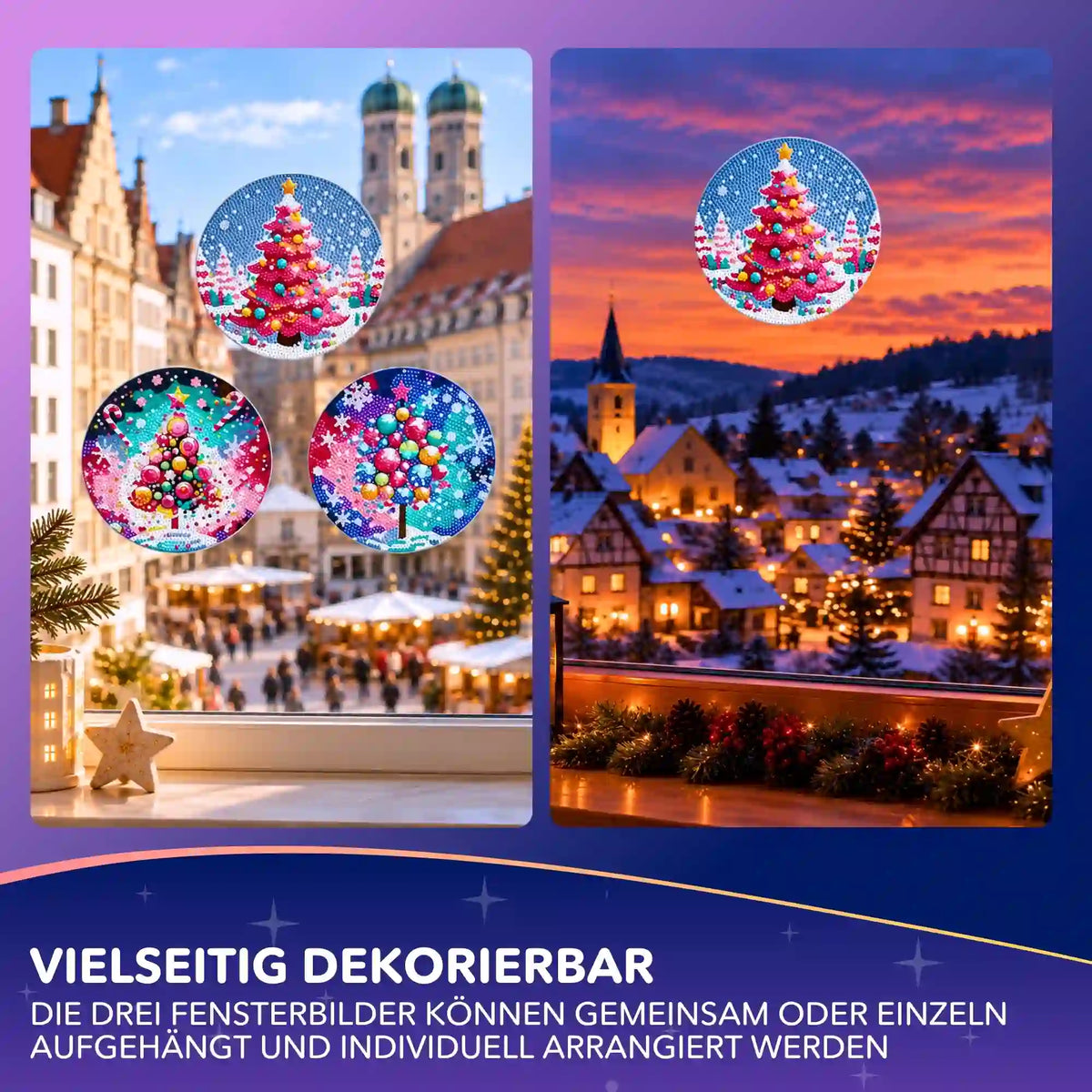 Diamond Painting Fensterbilder: Bunte Weihnachtsbäume aus Glitzersteinen als festliche Fensterdeko zu Weihnachten.