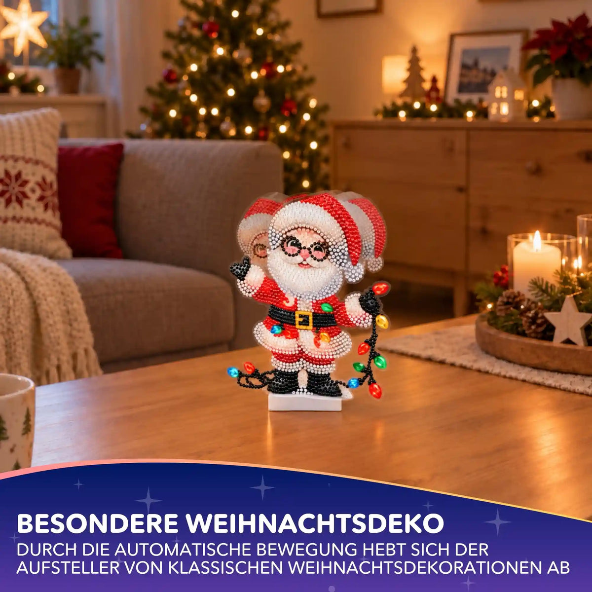 Diamond Painting Wackelaufsteller Weihnachtsmann mit bunter Lichterkette als funkelnde Weihnachtsdeko