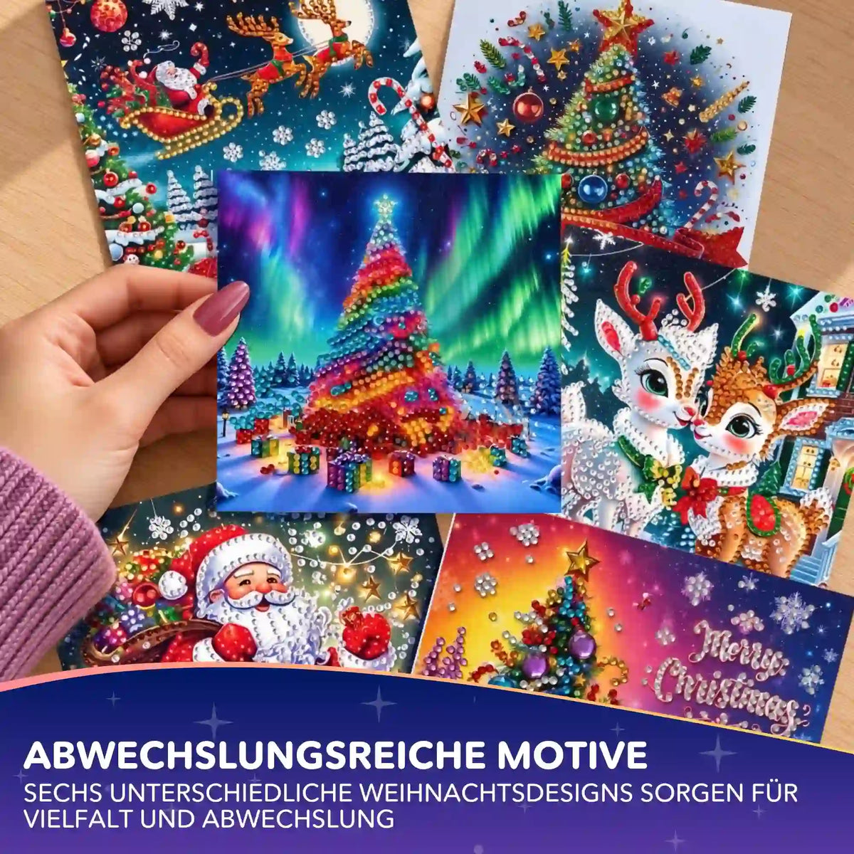 Bunte Diamond Painting Weihnachtskarten im 6er-Set mit glitzerndem Weihnachtsbaum, Rentieren und Weihnachtsmann
