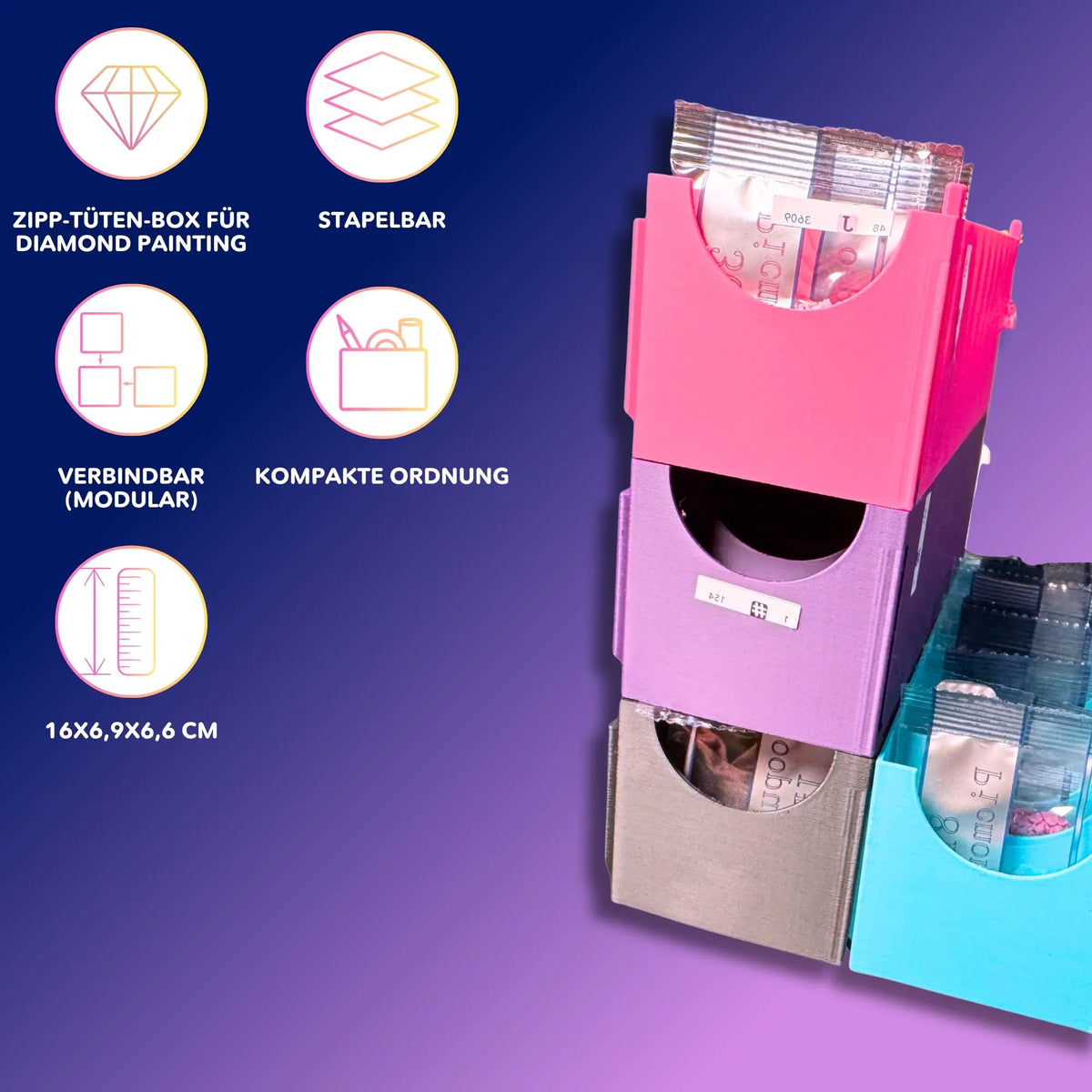 Stapelbare 3D-Druck Aufbewahrungsbox für Diamond Painting Zipptüten zur Organisation von Bastelzubehör am Arbeitsplatz.