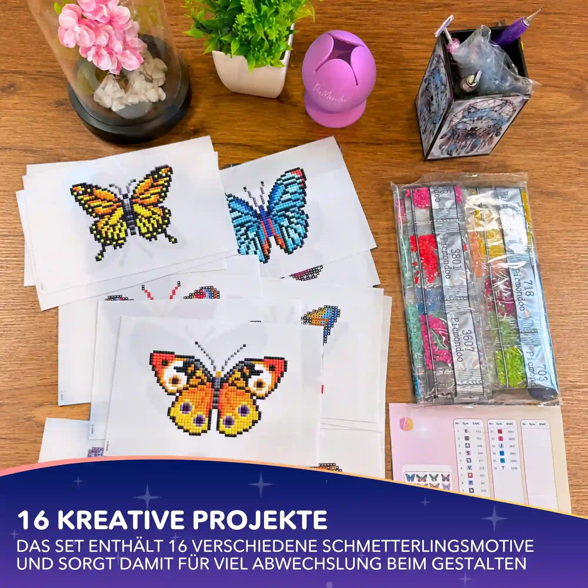 Mini Diamond Painting Set mit 16 bunten Schmetterlingsmotiven, Leinwänden, Glitzersteinen und Bastelzubehör von Picmondoo